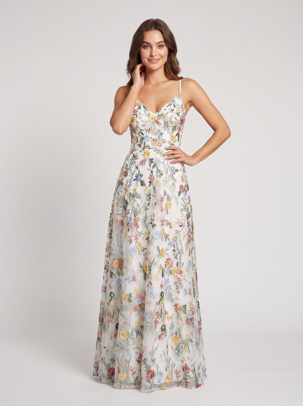 Sky Blue Tulle A-Line V-neck Lace-up Back Floor Length Dress - Jimiss