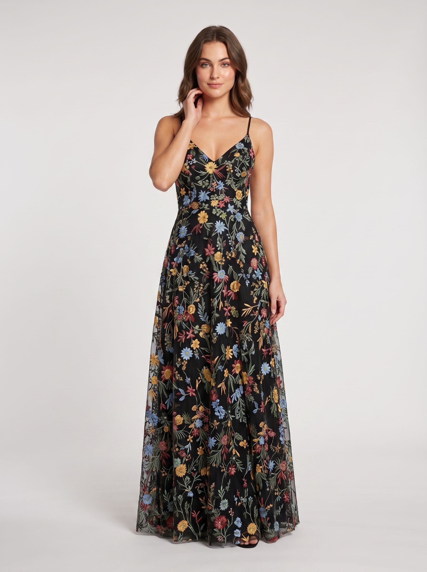 Sky Blue Tulle A-Line V-neck Lace-up Back Floor Length Dress - Jimiss
