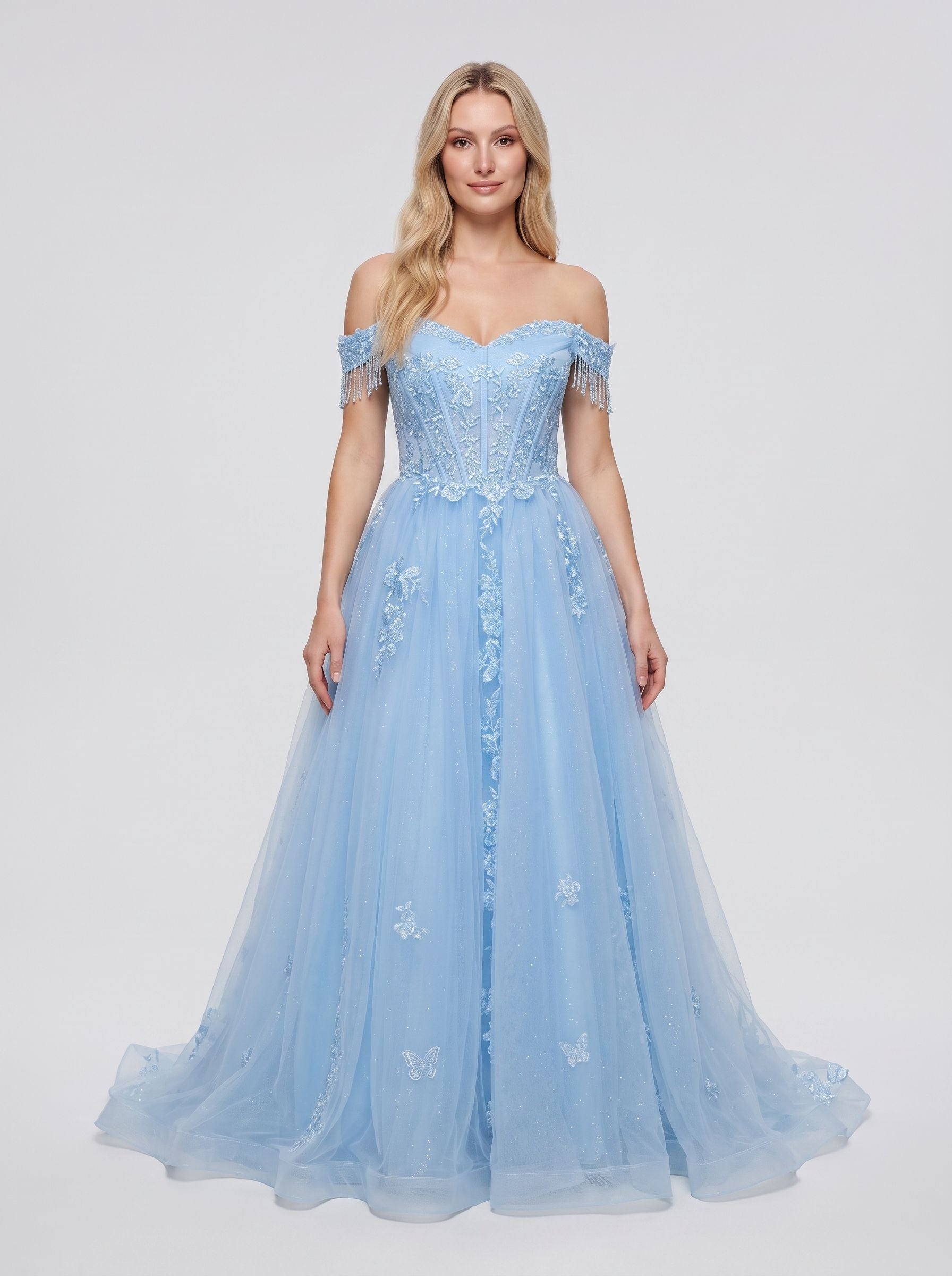 Sky Blue Tulle and Lace A-line Off-the-shoulder Floor-length Dress Front View - Jimiss