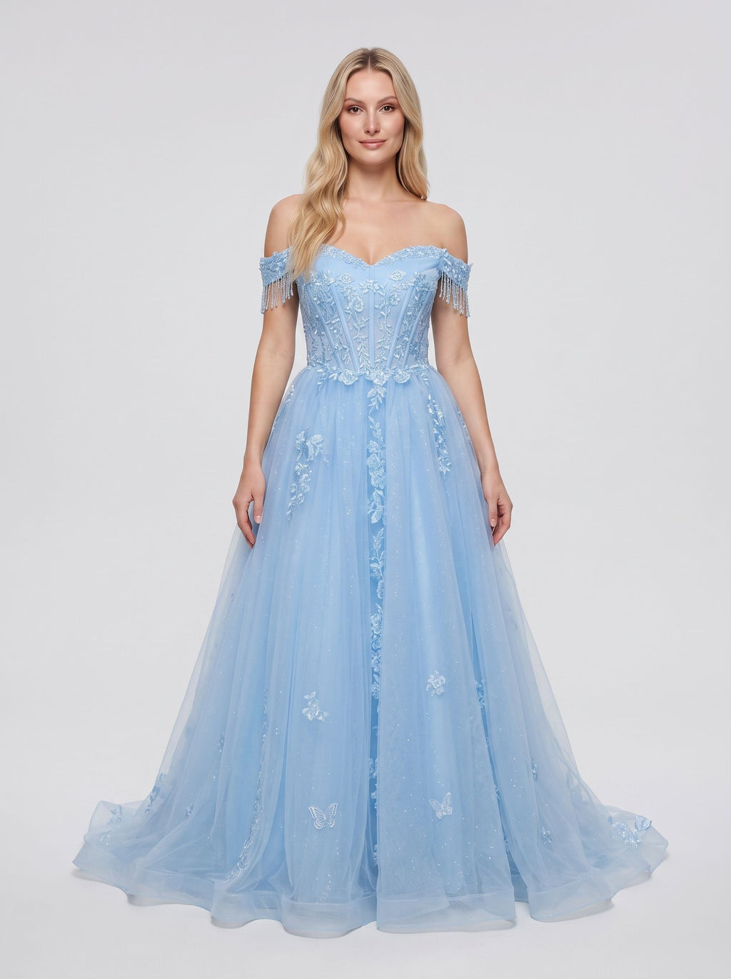 Sky Blue Tulle and Lace A-line Off-the-shoulder Floor-length Dress Front View - Jimiss