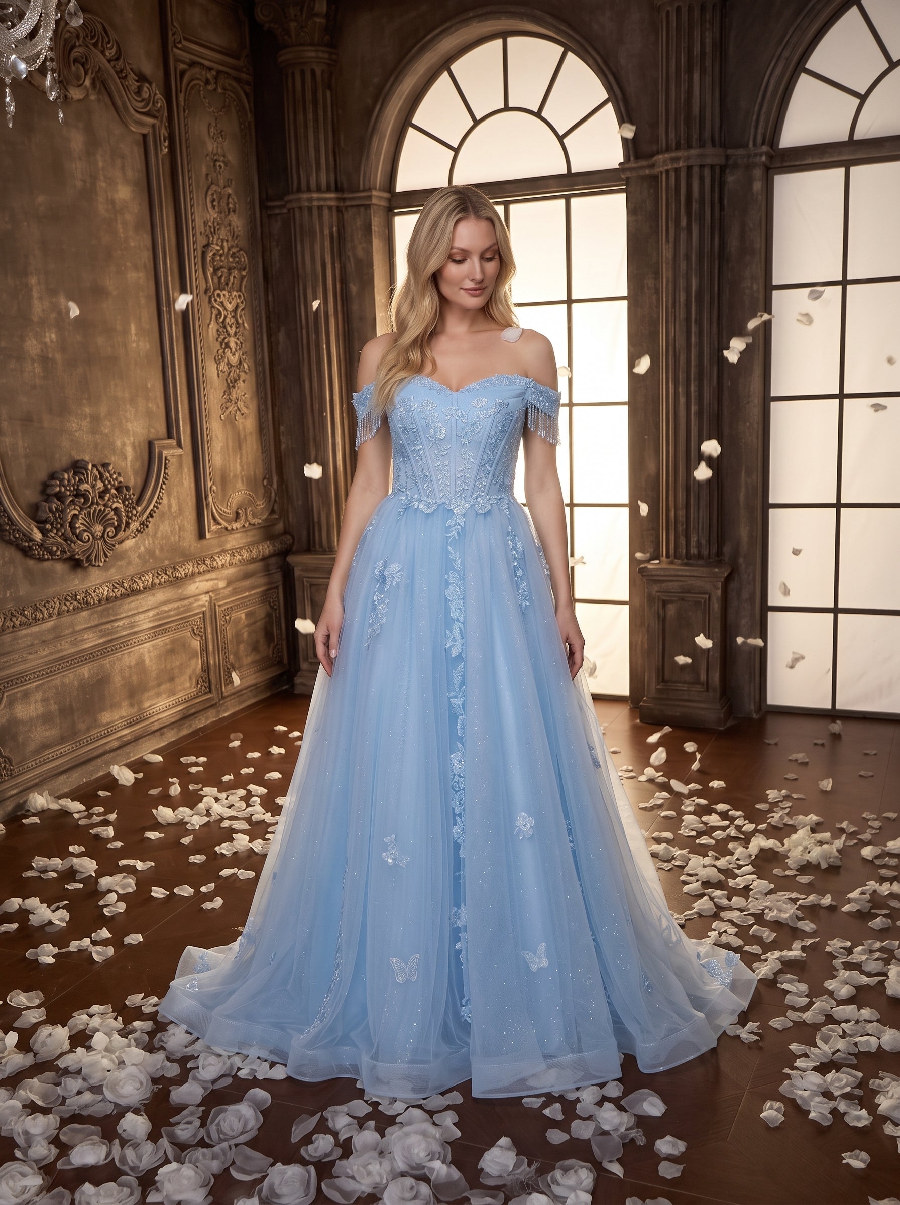 Sky Blue Tulle and Lace A-line Off-the-shoulder Floor-length Dress - Jimiss