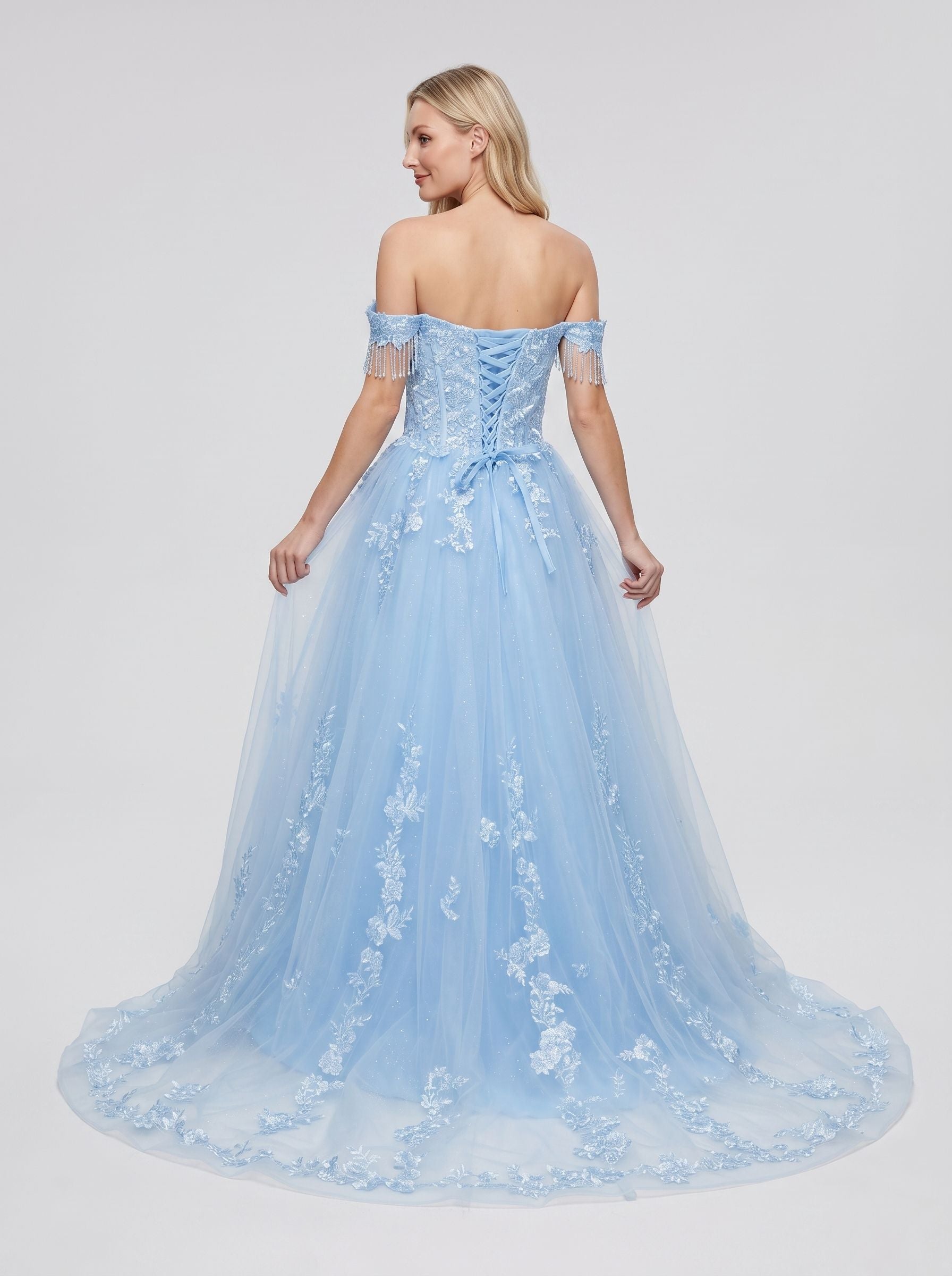 Sky Blue Tulle and Lace A-line Off-the-shoulder Floor-length Dress - Jimiss