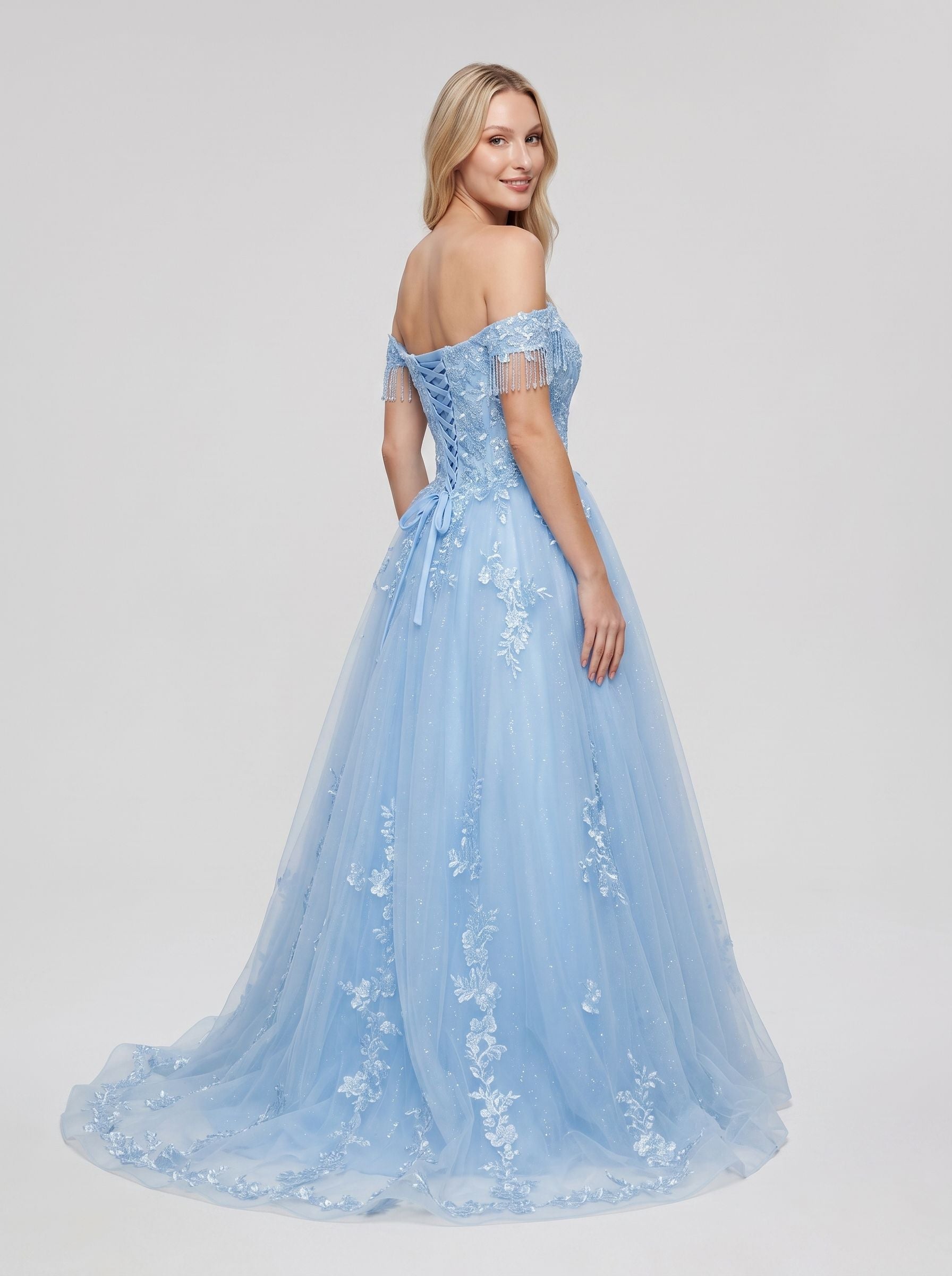 Sky Blue Tulle and Lace A-line Off-the-shoulder Floor-length Dress - Jimiss