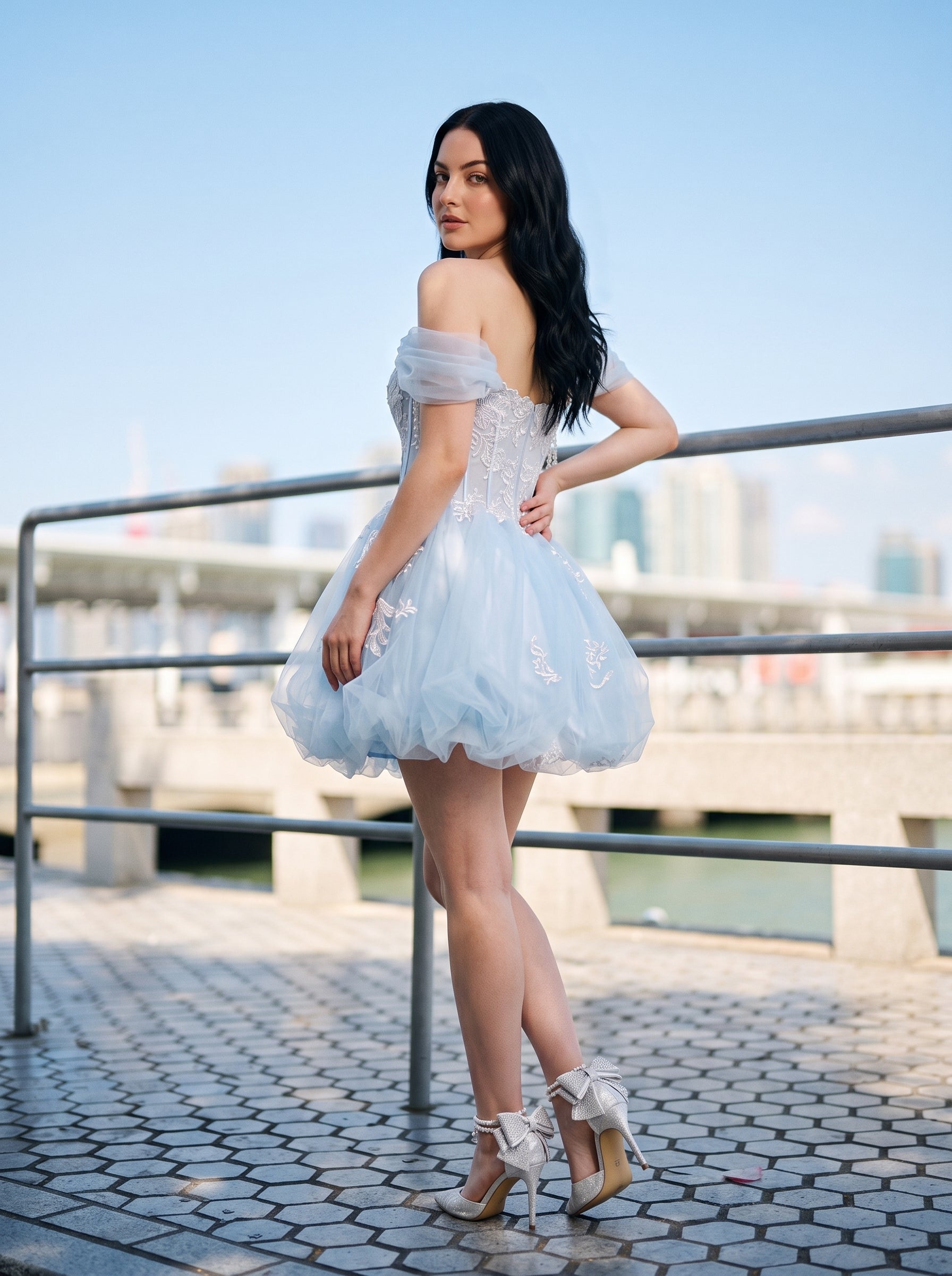 Sky Blue Tulle and Lace Bubble Sweetheart Zipper Back Mini Dress Back View - Jimiss