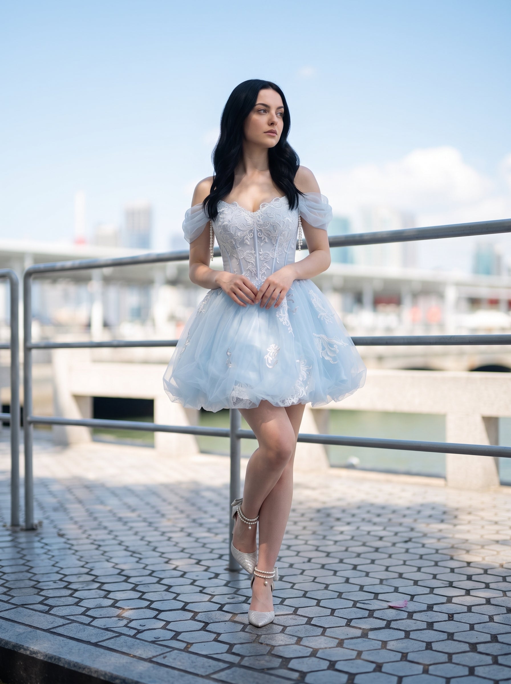 Sky Blue Tulle and Lace Bubble Sweetheart Zipper Back Mini Dress Front View - Jimiss