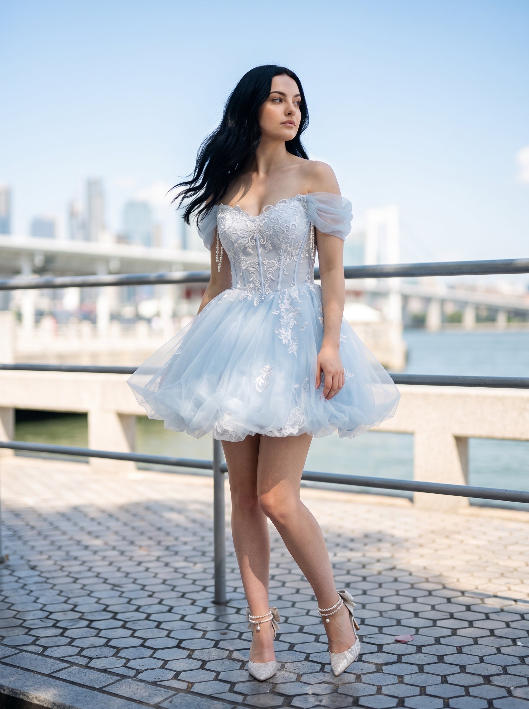 Sky Blue Tulle and Lace Bubble Sweetheart Zipper Back Mini Dress - Jimiss