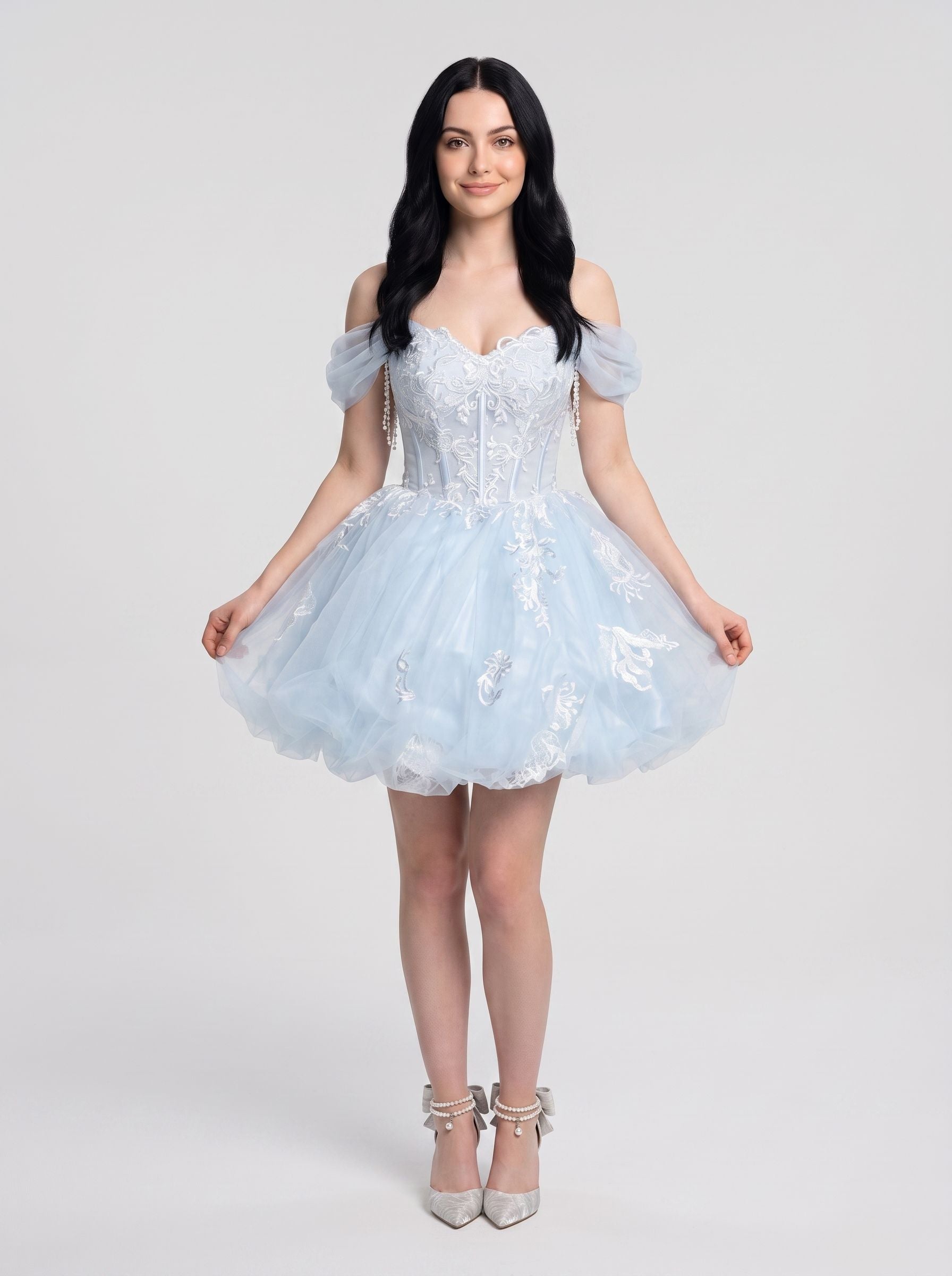 Sky Blue Tulle and Lace Bubble Sweetheart Zipper Back Mini Dress - Jimiss