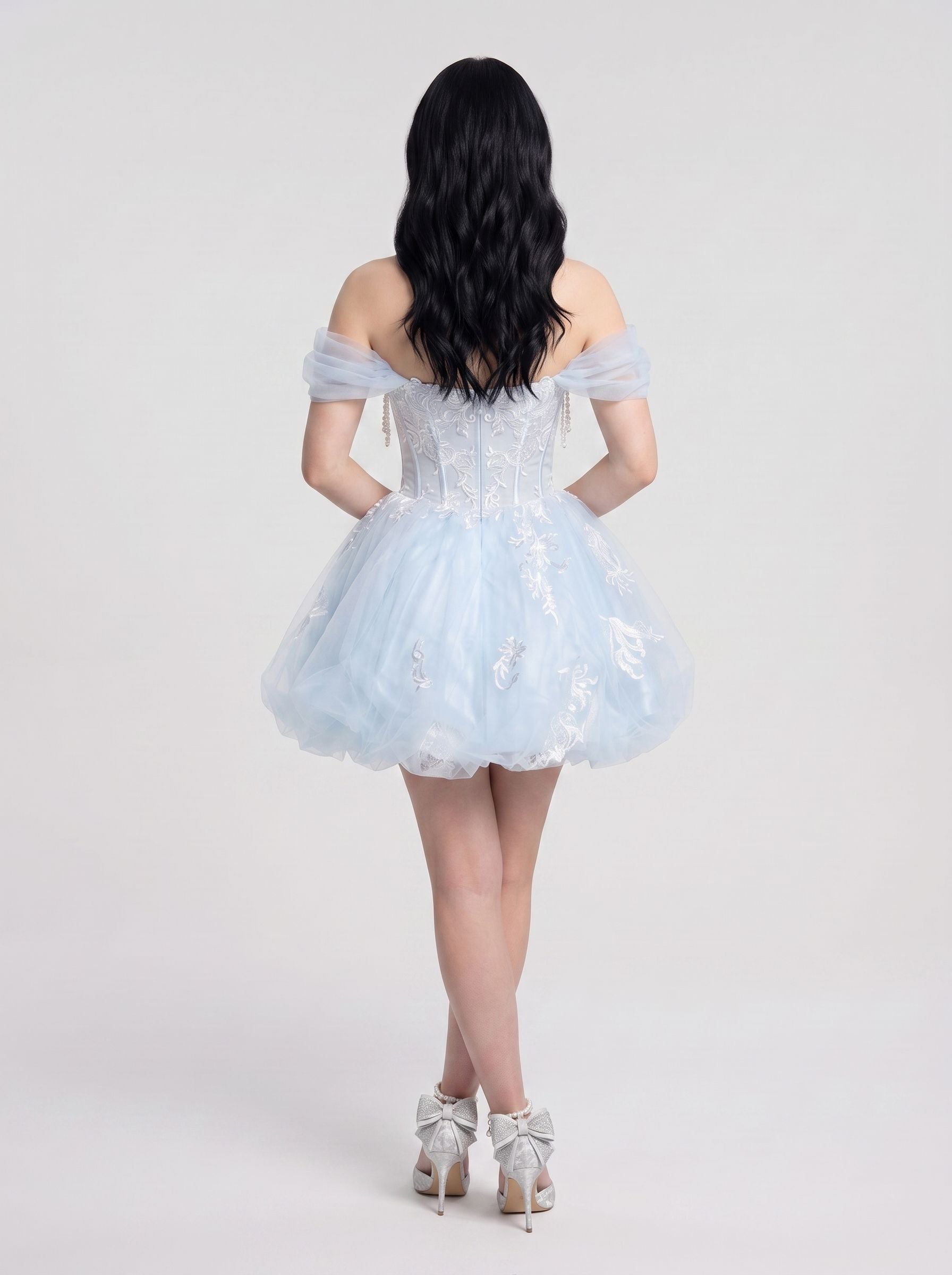 Sky Blue Tulle and Lace Bubble Sweetheart Zipper Back Mini Dress - Jimiss