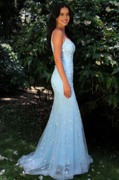 Sky Blue Tulle Mermaid Scoop Neck Low Back Floor Length Dress Detail - Jimiss