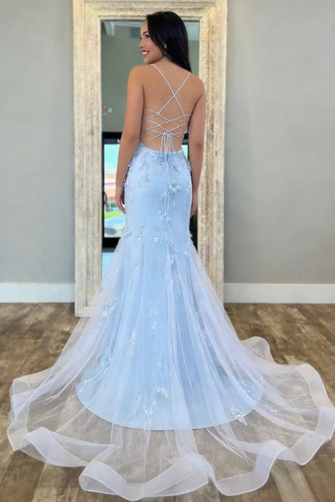 Sky Blue Tulle & Mesh Mermaid Scoop Neck Lace-up Back Floor Length Dress Back View - Jimiss