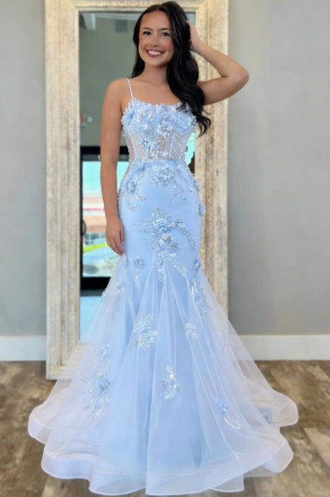 Sky Blue Tulle & Mesh Mermaid Scoop Neck Lace-up Back Floor Length Dress Front View - Jimiss