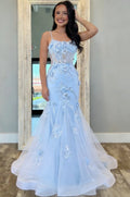 Sky Blue Tulle & Mesh Mermaid Scoop Neck Lace-up Back Floor Length Dress Front View - Jimiss