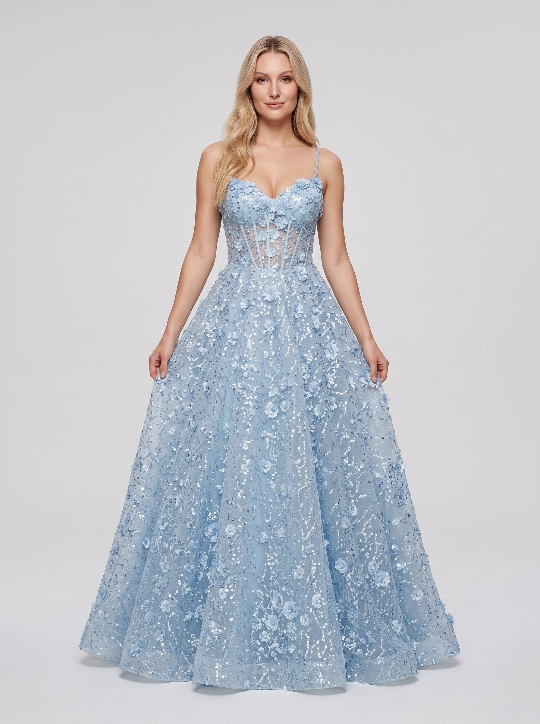 Sky Blue Tulle & Sequins A-Line Sweetheart Zipper Back Floor-Length Dress Front View - Jimiss