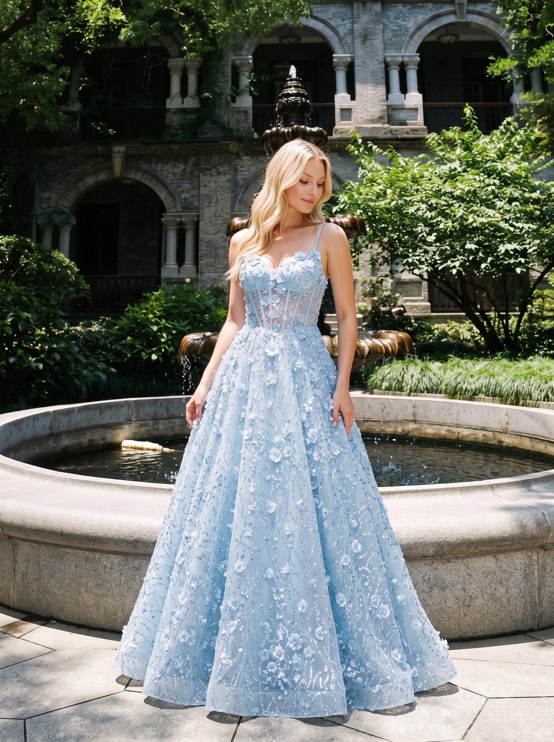 Sky Blue Tulle & Sequins A-Line Sweetheart Zipper Back Floor-Length Dress - Jimiss
