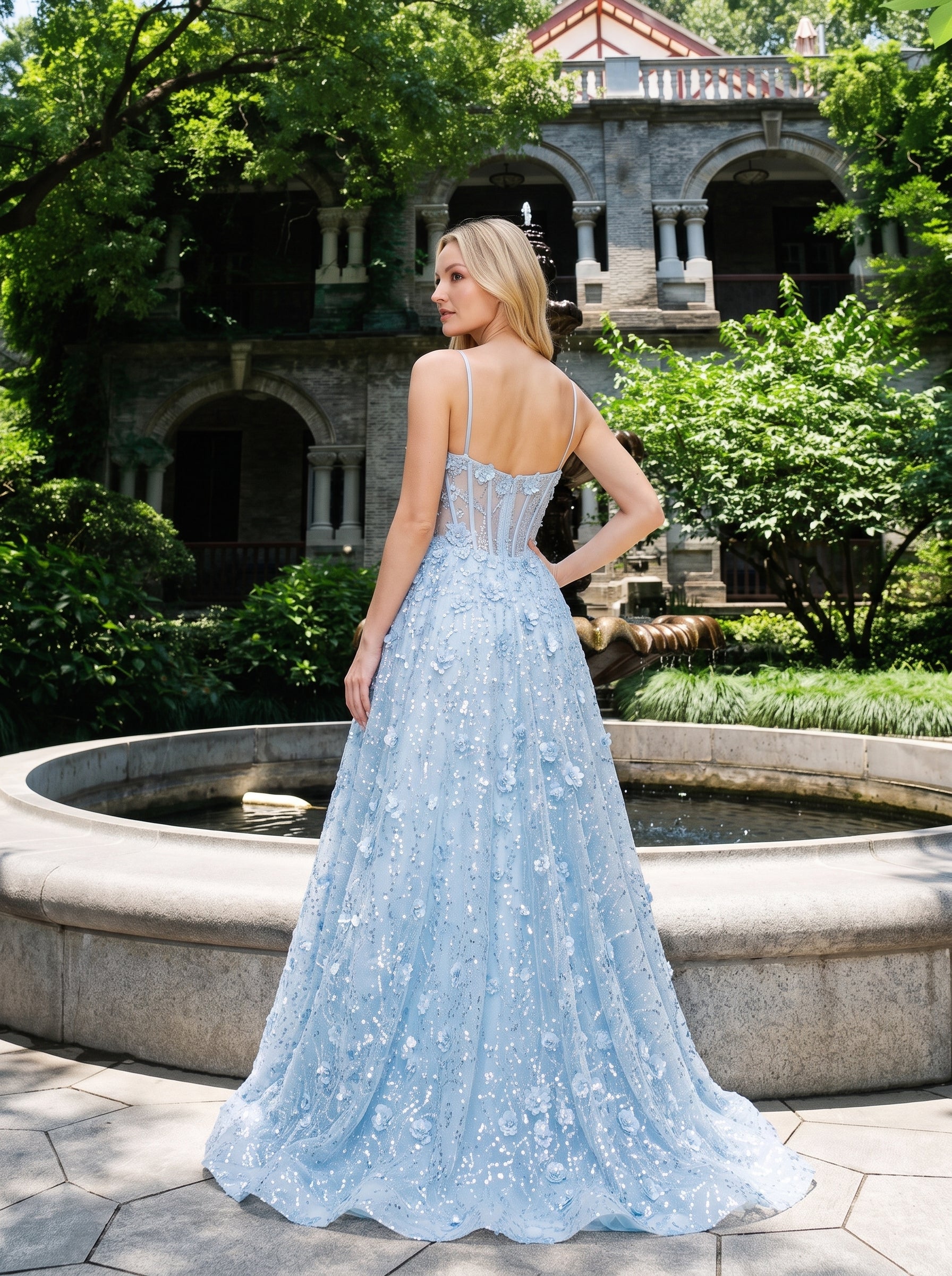 Sky Blue Tulle & Sequins A-Line Sweetheart Zipper Back Floor-Length Dress - Jimiss