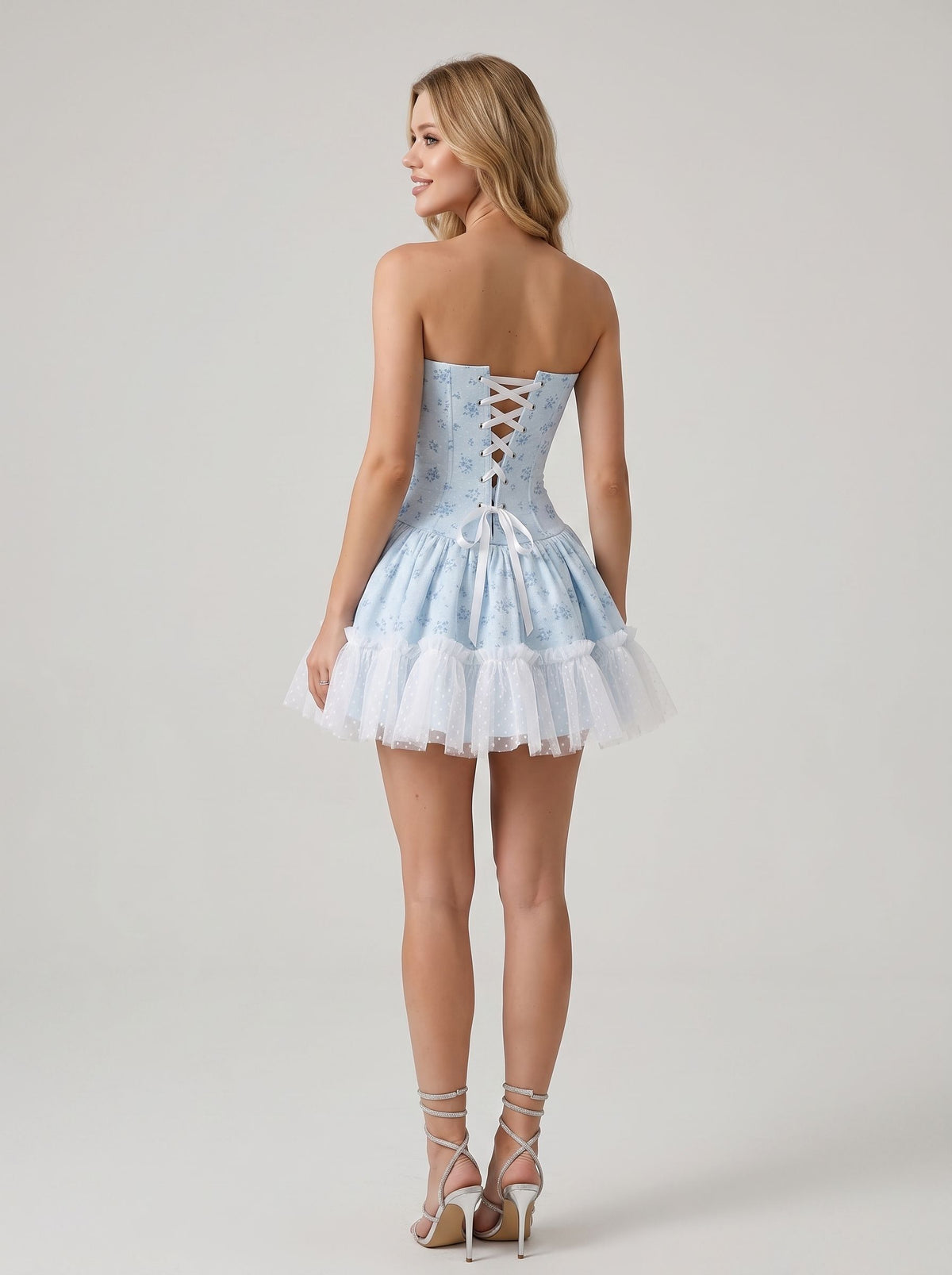 Sky Blue with Floral Print Tulle A-Line Sweetheart Mini Dress Back View - Jimiss