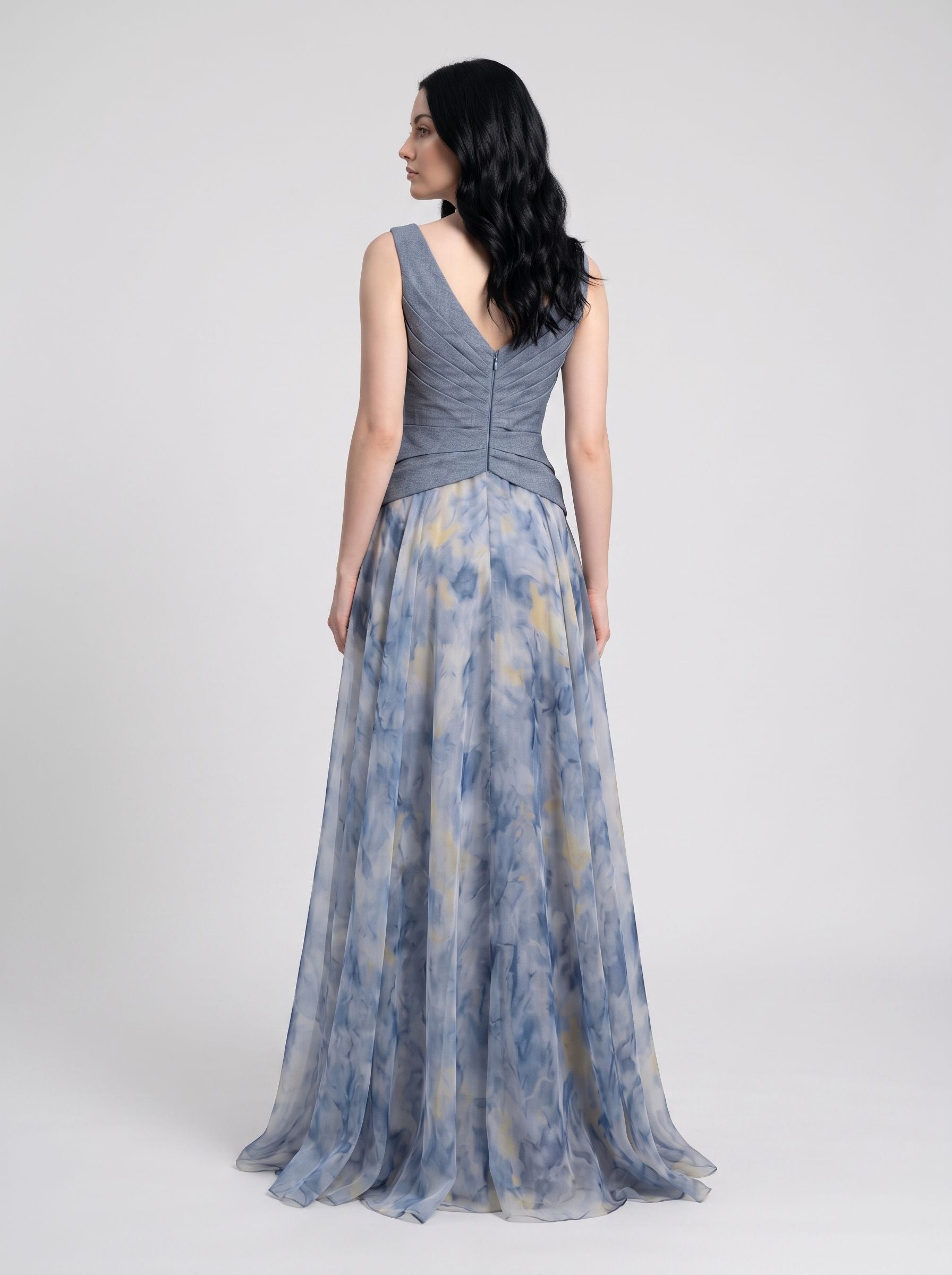 Slate Blue Watercolor Print Chiffon and Crepe A-line V-neck Floor-length Dress Back View - Jimiss