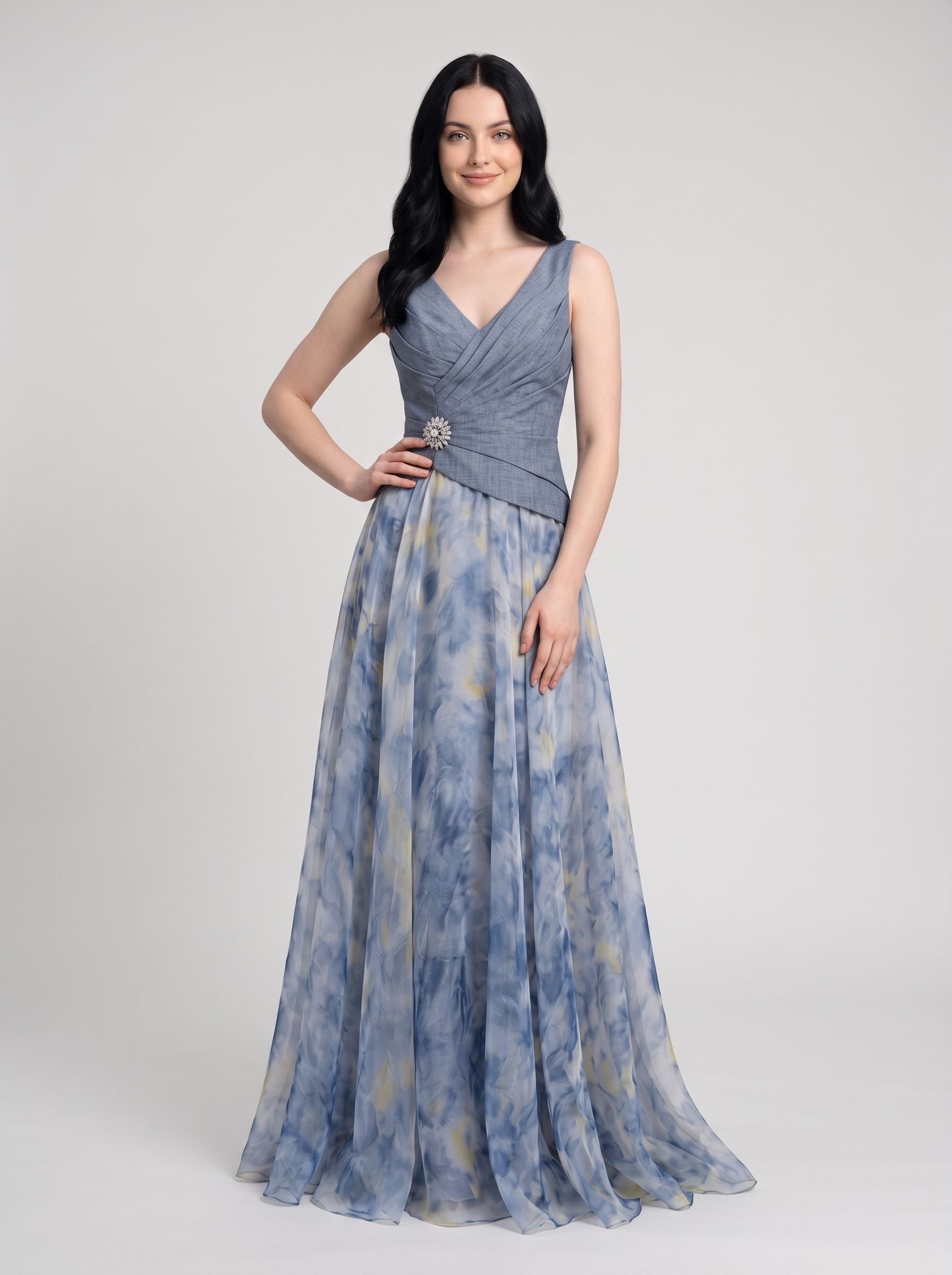 Slate Blue Watercolor Print Chiffon and Crepe A-line V-neck Floor-length Dress Front View - Jimiss