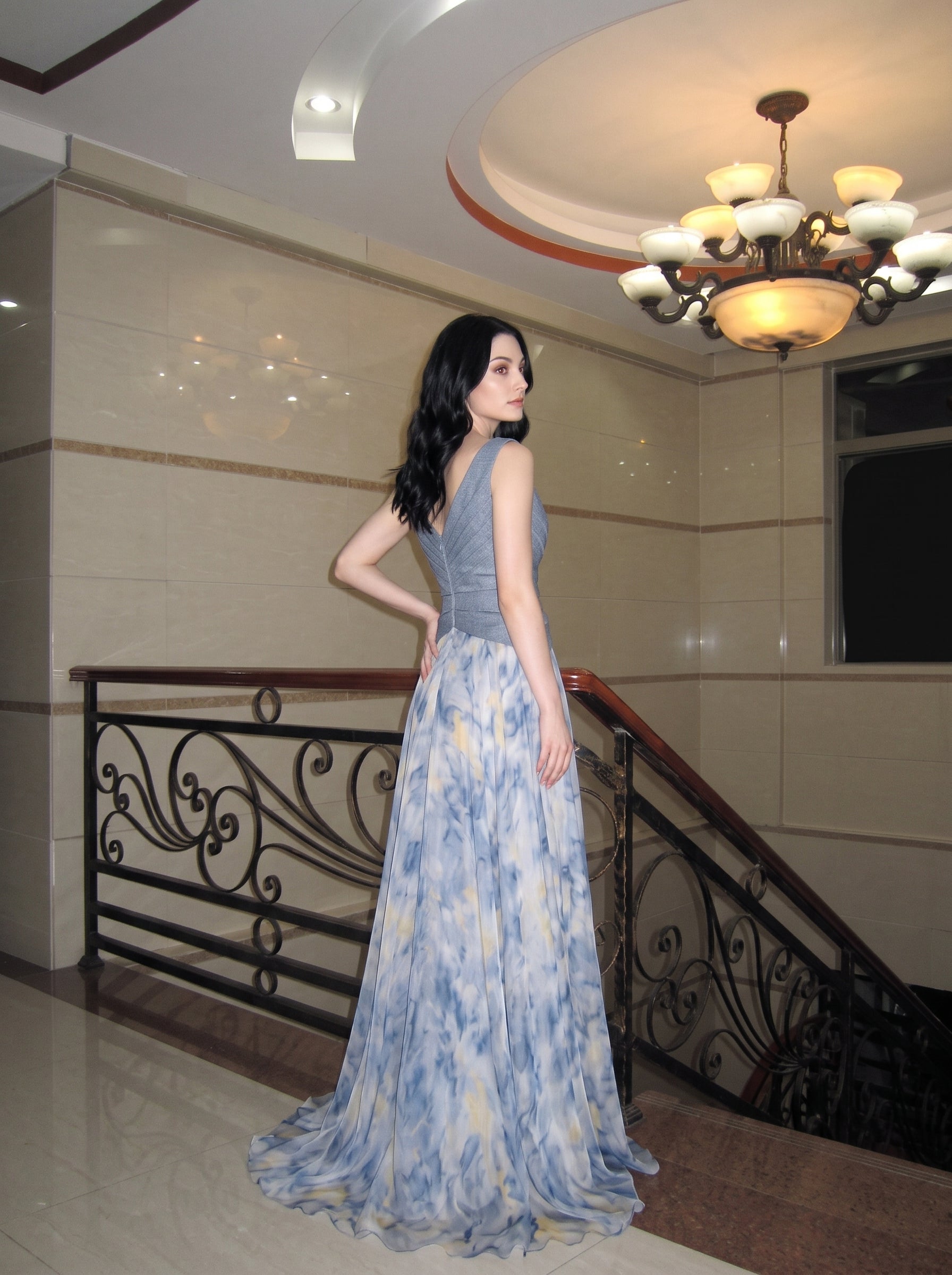 Slate Blue Watercolor Print Chiffon and Crepe A-line V-neck Floor-length Dress - Jimiss