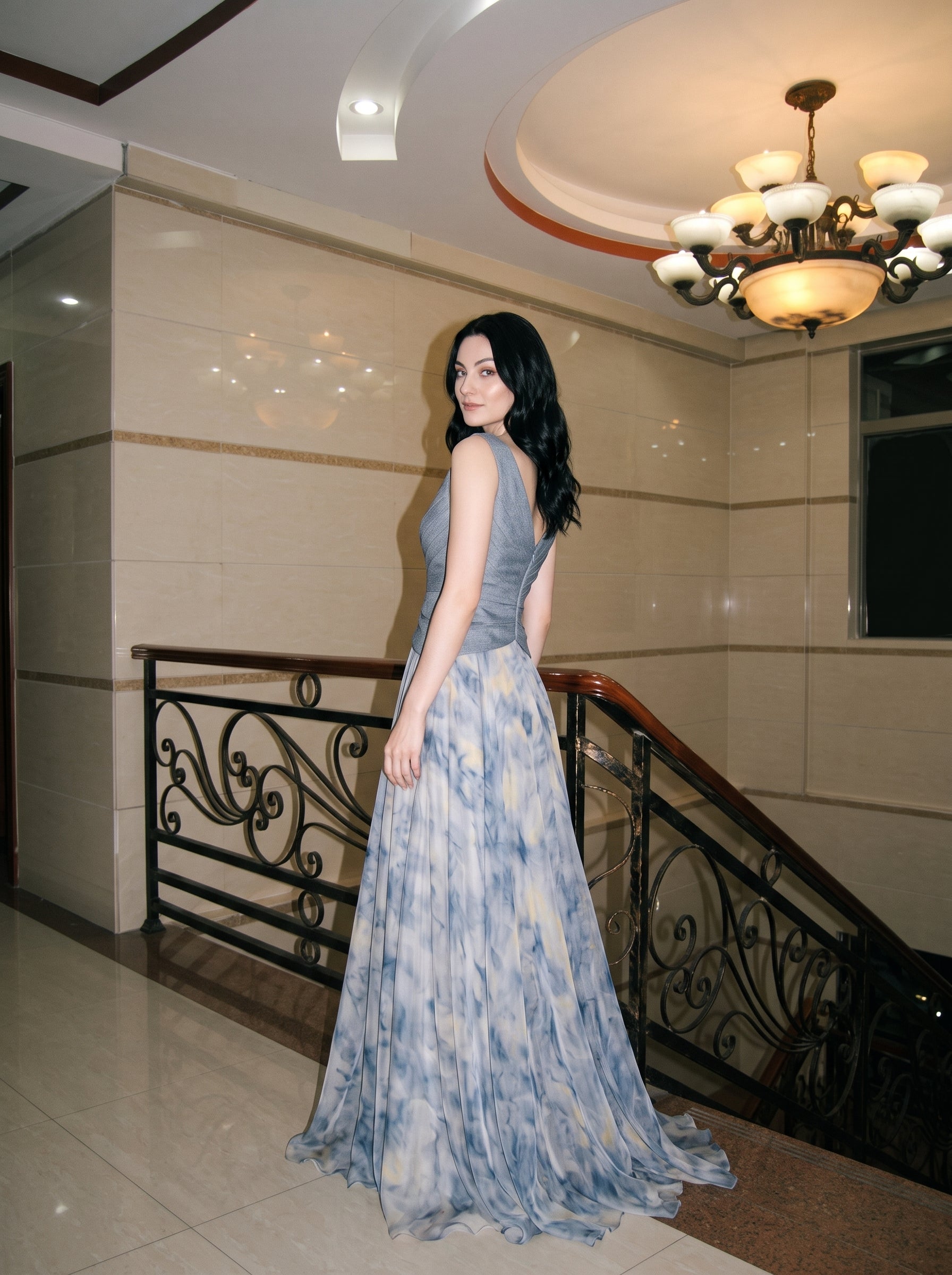 Slate Blue Watercolor Print Chiffon and Crepe A-line V-neck Floor-length Dress - Jimiss