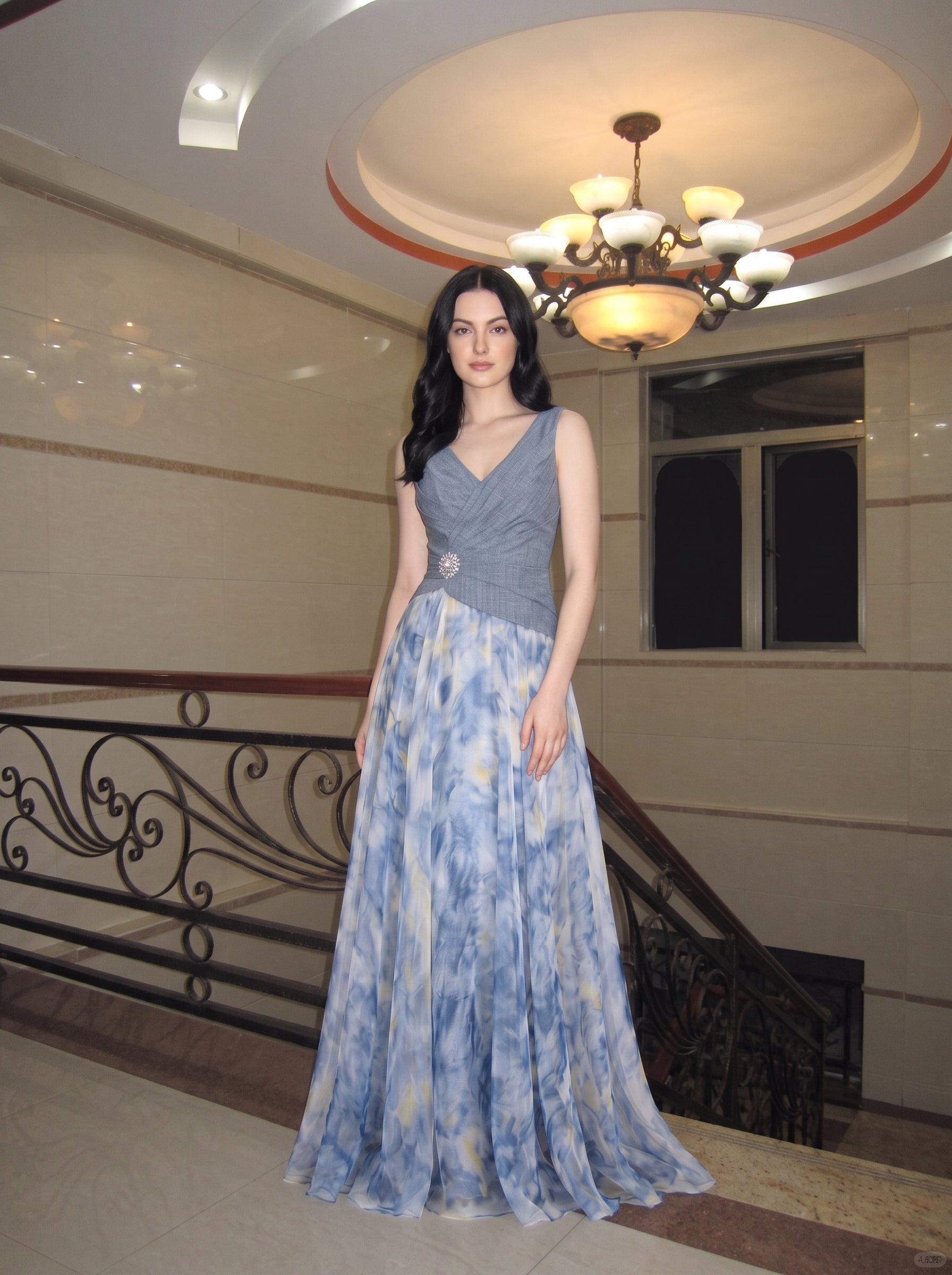 Slate Blue Watercolor Print Chiffon and Crepe A-line V-neck Floor-length Dress - Jimiss