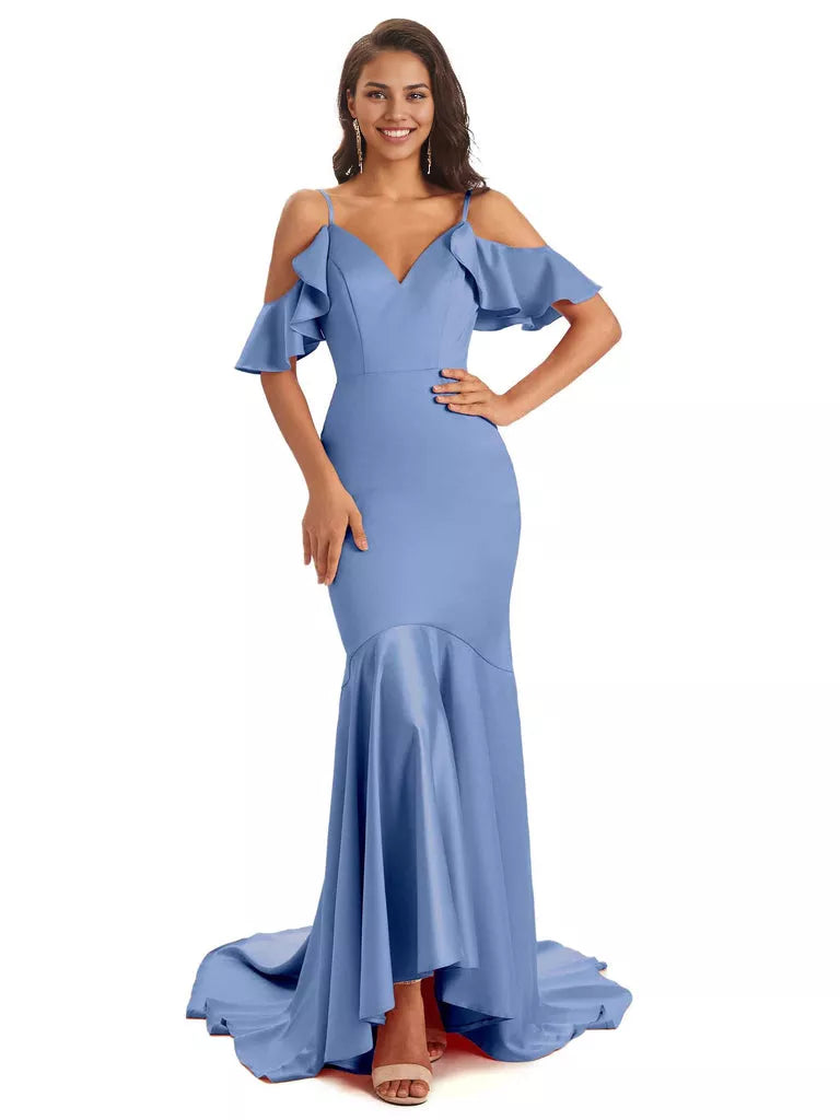 Soft Satin Asymmetric Spaghetti Straps Sleeveless Mermaid Cold Shoulder Bridesmaid Dresses