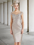 Champagne Satin Sheath/column Knee-Length Dress with Beaded Illusion Neckline