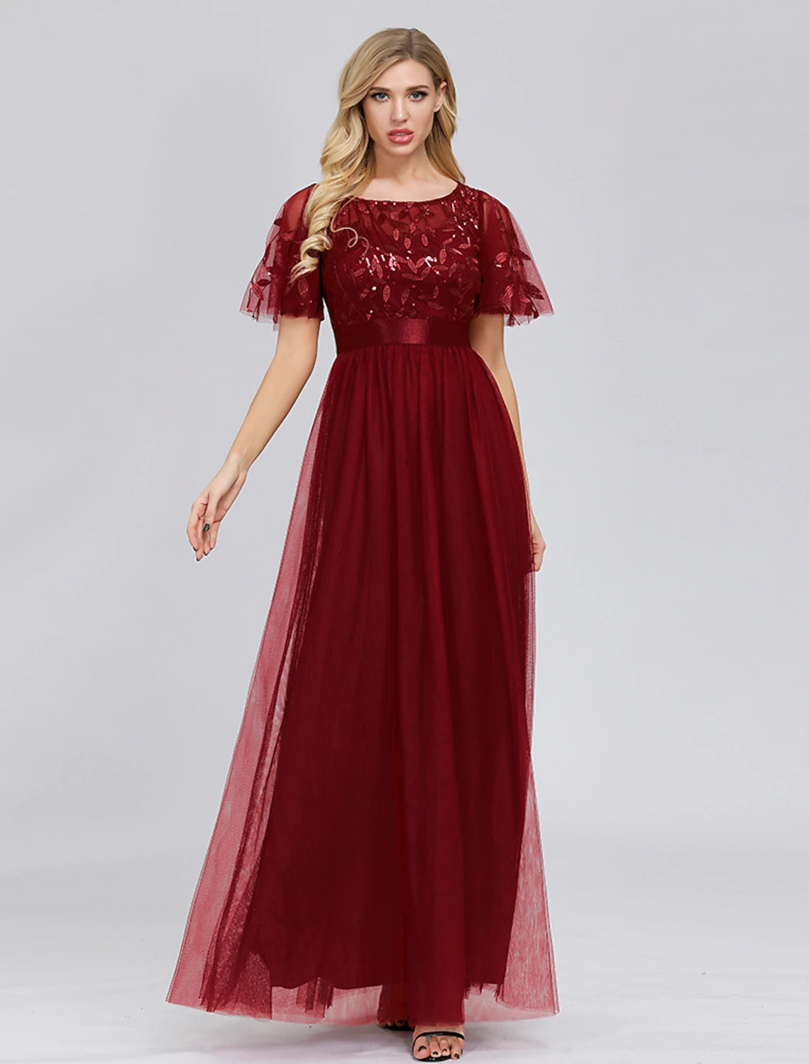 Burgundy Tulle A-Line Floor-Length Dress with Sequin Bodice, Flutter Sleeves & Scoop Neck