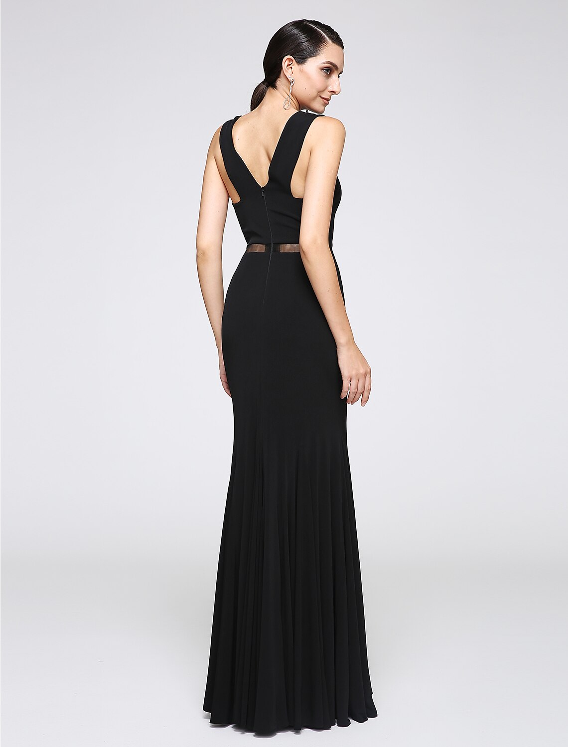 Black Stretch Knit Mermaid Floor-Length Gown with V-Neck & Criss-Cross Bodice