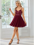 V-Neck Sequin A-Line Short Dress in Burgundy