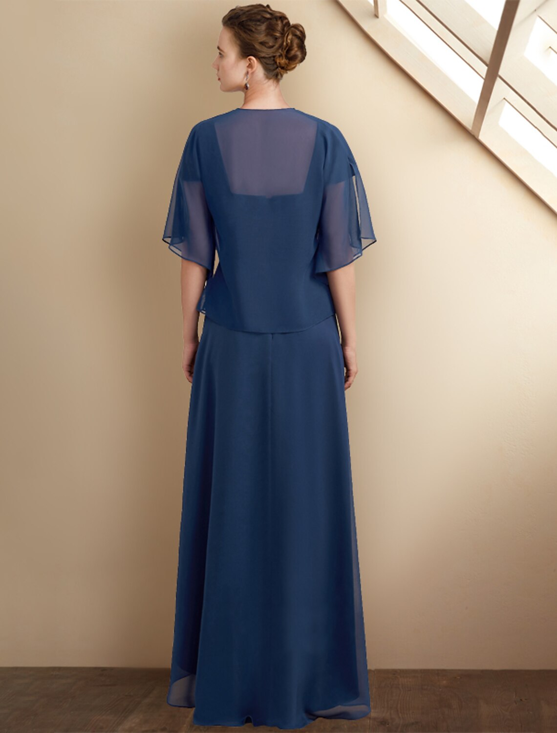 Vestido de madre de la novia de corte A para invitada de boda, elegante, alto bajo, escote cuadrado, asimétrico, largo hasta la rodilla, de gasa, encaje, manga corta, chal de otoño incluido, con apliques de lentejuelas, drapeado lateral