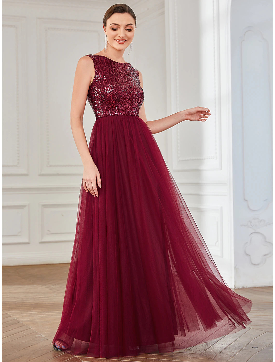 Burgundy Sequin Tulle A-Line Floor-Length Bridesmaid Dress
