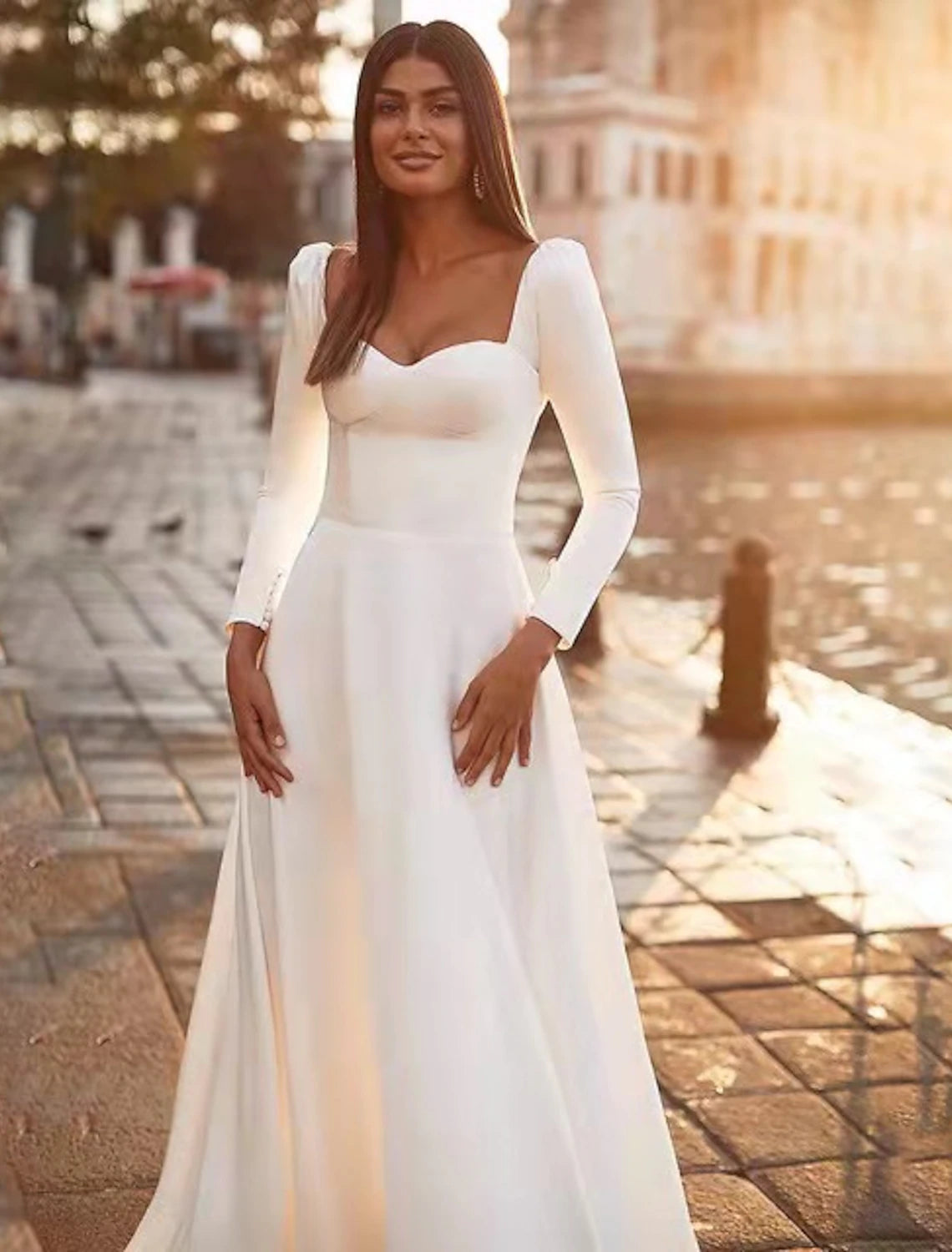Reception Royal Style Casual Wedding Dresses A-Line Sweetheart Long Sleeve Sweep / Brush Train Satin Bridal Gowns With Solid Color   Summer Wedding Party  Women's Clothing