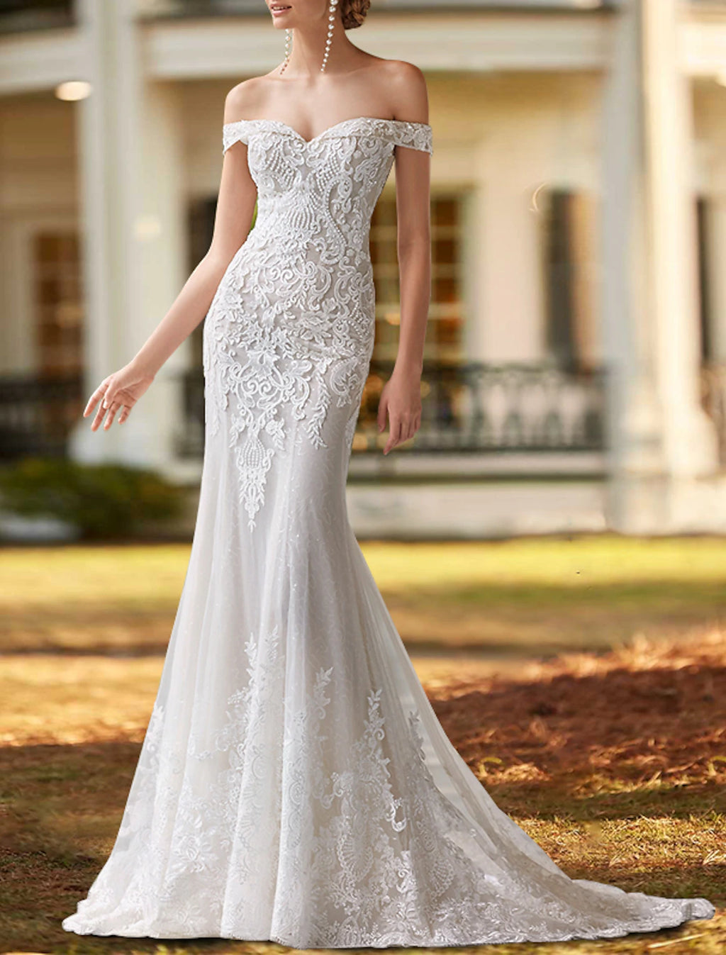 Ivory Lace Mermaid Off-the-Shoulder Floor-Length Dress with Detachable Overskirt