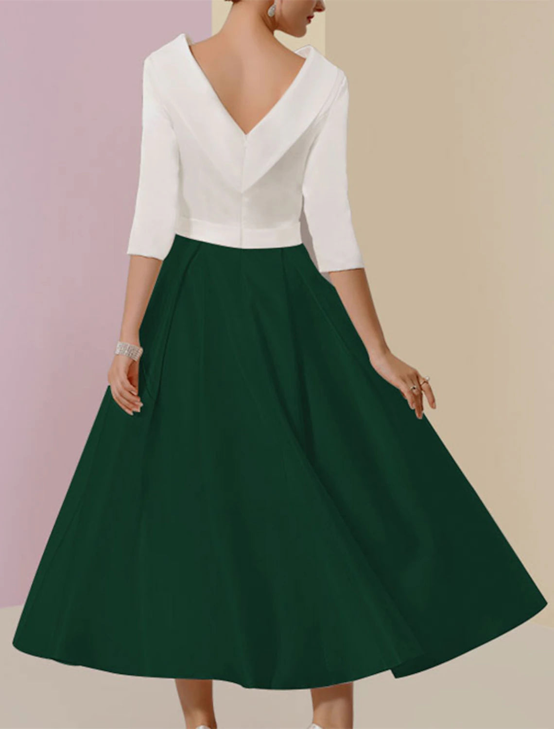 Abito da cerimonia per la madre della sposa, a trapezio, elegante, stile vintage, con scollo gioiello, lunghezza tè, in charmeuse, mezza manica, con pieghe e cristalli