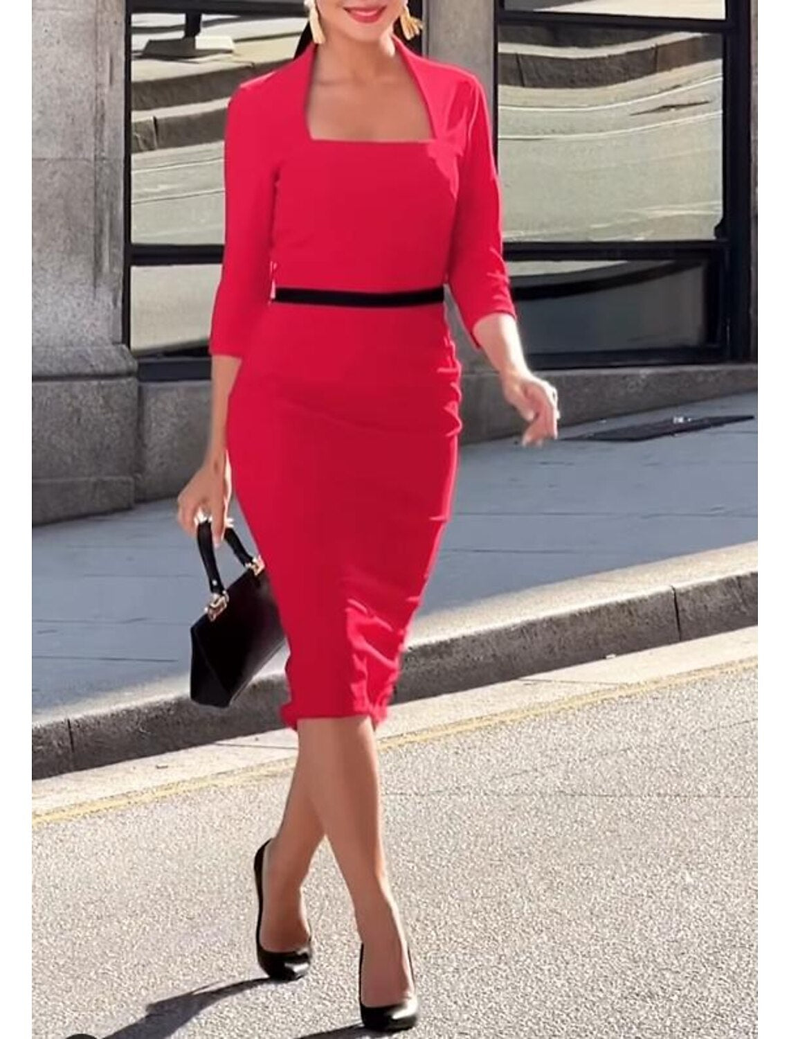 Vestido de cóctel con corte tubo/columna, estilo vintage, para noche, fiesta, trabajo, largo hasta la rodilla, manga 3/4, escote cuadrado, tela con tiras.