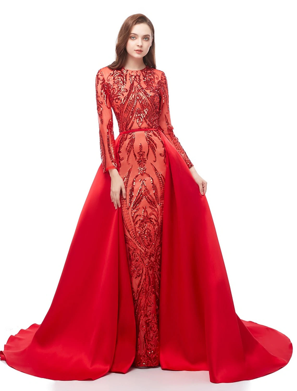 Vestido de fiesta de sirena, vestido de noche, vestido lujoso, vestido de carnaval, boda, invitado, cola de corte, manga larga, cuello joya, falda de satén desmontable con lentejuelas, estampado/estampado