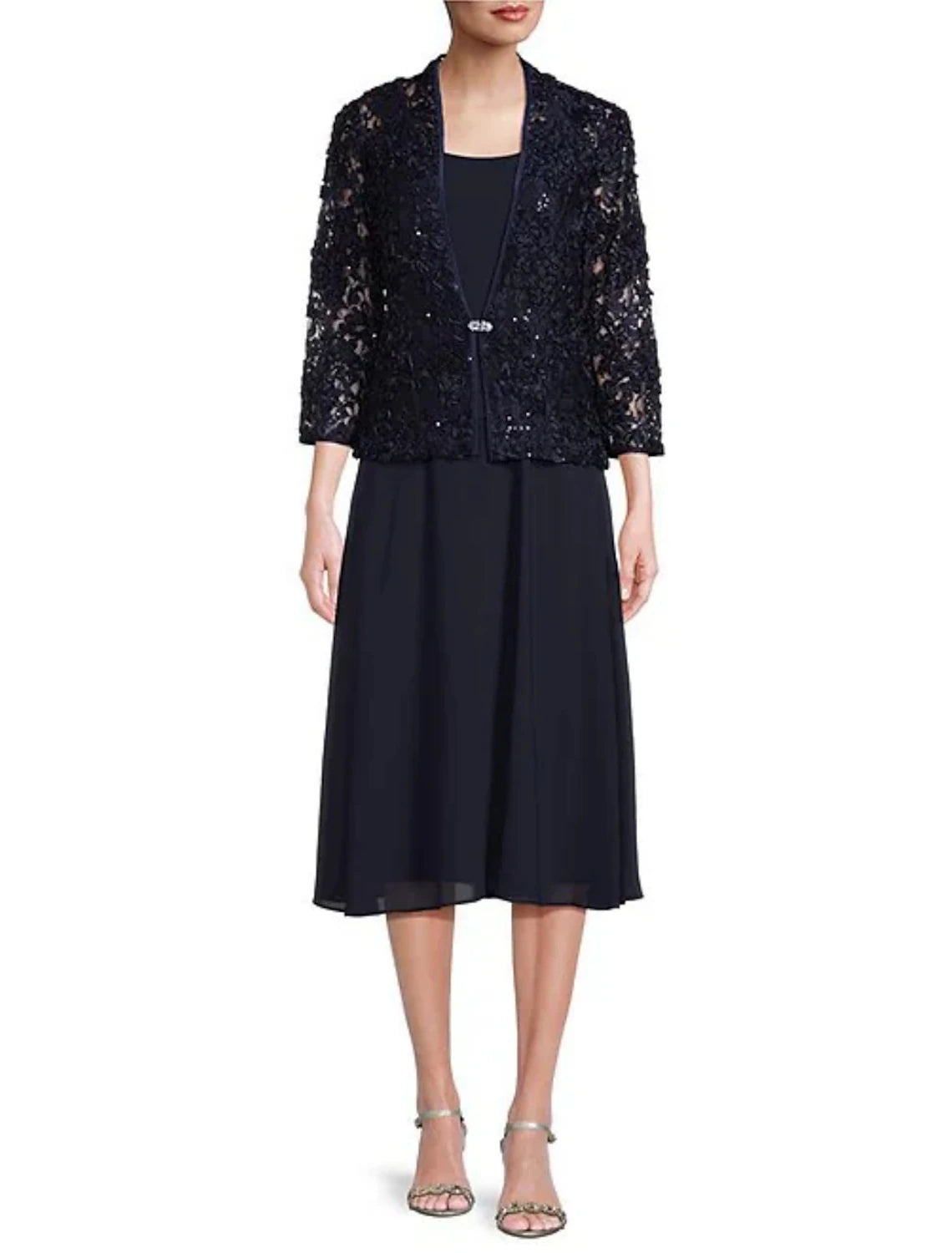 Abito da cerimonia per la madre della sposa, a trapezio, elegante, in chiffon, con scollo a barchetta, lunghezza tè, maniche a 3/4, con pieghe e spilla di cristallo