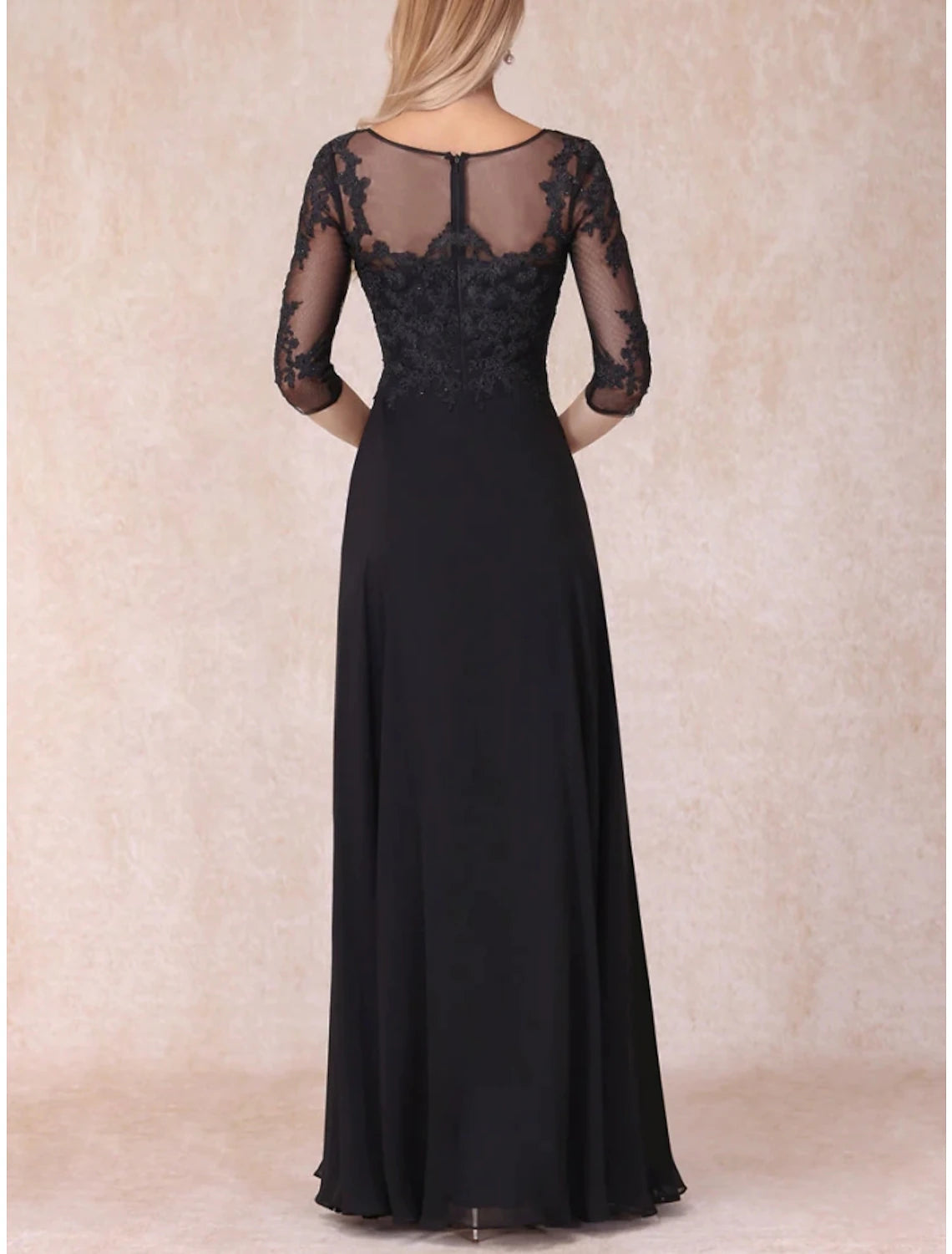 Abito da cerimonia per la madre della sposa, a trapezio, elegante, con scollo a V, lunghezza al pavimento, in chiffon e pizzo, manica a 3/4, con arricciature, tinta unita