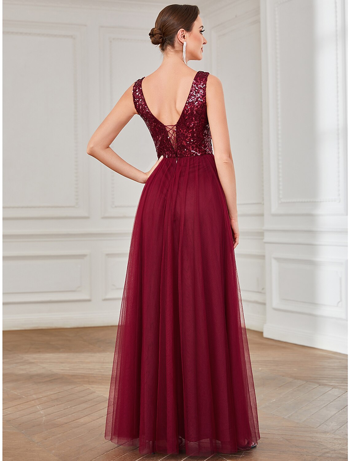 Burgundy Sequin Tulle A-Line Floor-Length Bridesmaid Dress