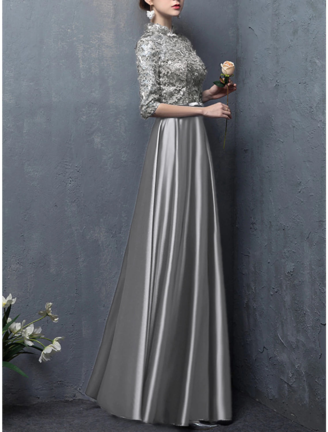 Vestido de Madre de la Novia de Corte A para Invitadas de Boda, Elegante, Vintage, Cuello Alto, Largo hasta el Suelo, Satén, Media Manga con Lazo(s), Apliques