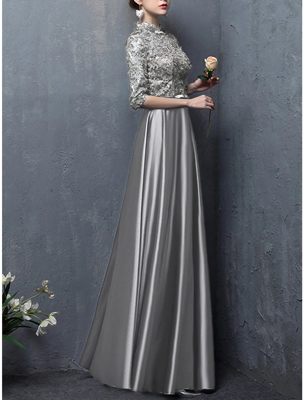 Vestido de Madre de la Novia de Corte A para Invitadas de Boda, Elegante, Vintage, Cuello Alto, Largo hasta el Suelo, Satén, Media Manga con Lazo(s), Apliques