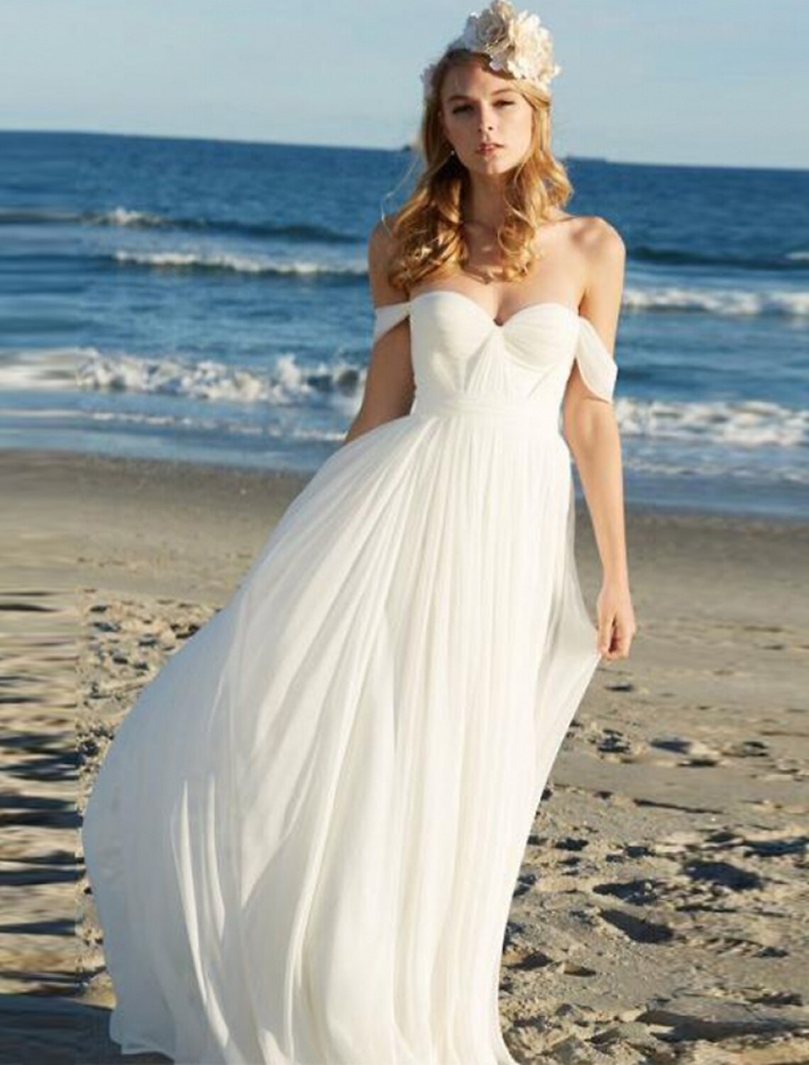 Vestidos de novia bohemios sexys de playa, corte A, hombros descubiertos, mangas cortas, largo hasta el suelo, de gasa con pliegues, color liso, para bodas de verano 2025, ropa para mujer.