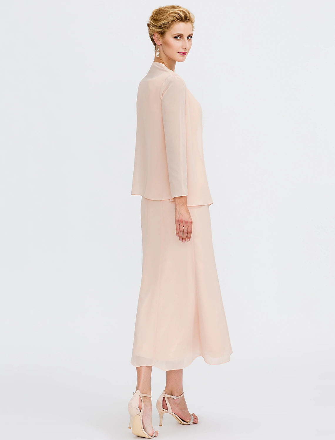 Vestido de dos piezas para madre de la novia, estilo tubo/columna, para invitada de boda, talla grande, elegante, con chaqueta, manga larga, escote redondo, largo hasta la rodilla, gasa, faja/cinta, pliegues y abalorios