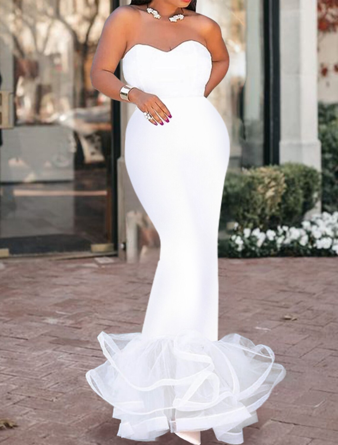 Mermaid / Trumpet Evening Gown Sexy Dress Wedding Guest Prom Floor Length Sleeveless Strapless  Fabric with Ruffles Pure Color