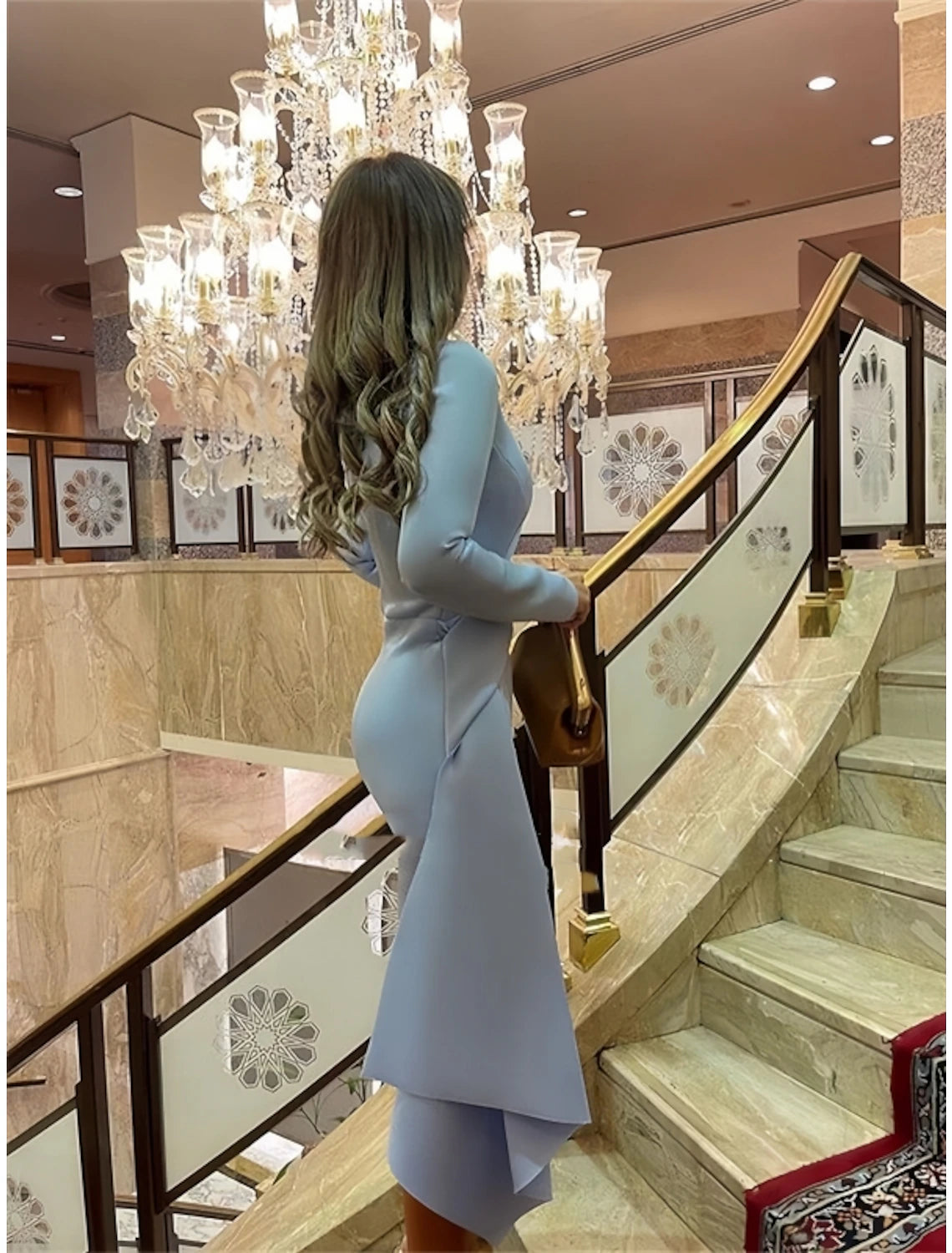 Sky Blue Crepe Sheath/column Midi Dress - Asymmetrical Draped Front