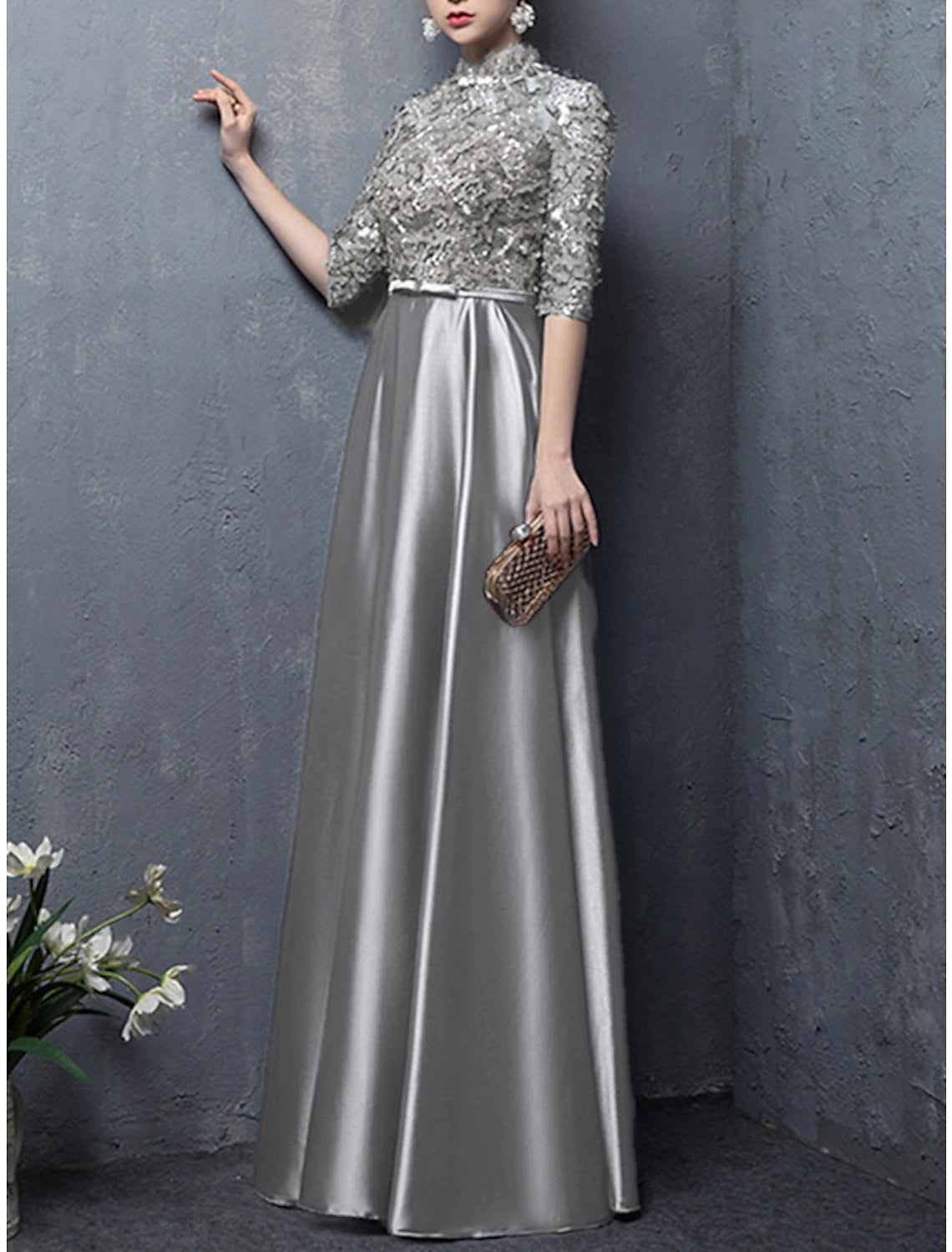 Vestido de Madre de la Novia de Corte A para Invitadas de Boda, Elegante, Vintage, Cuello Alto, Largo hasta el Suelo, Satén, Media Manga con Lazo(s), Apliques