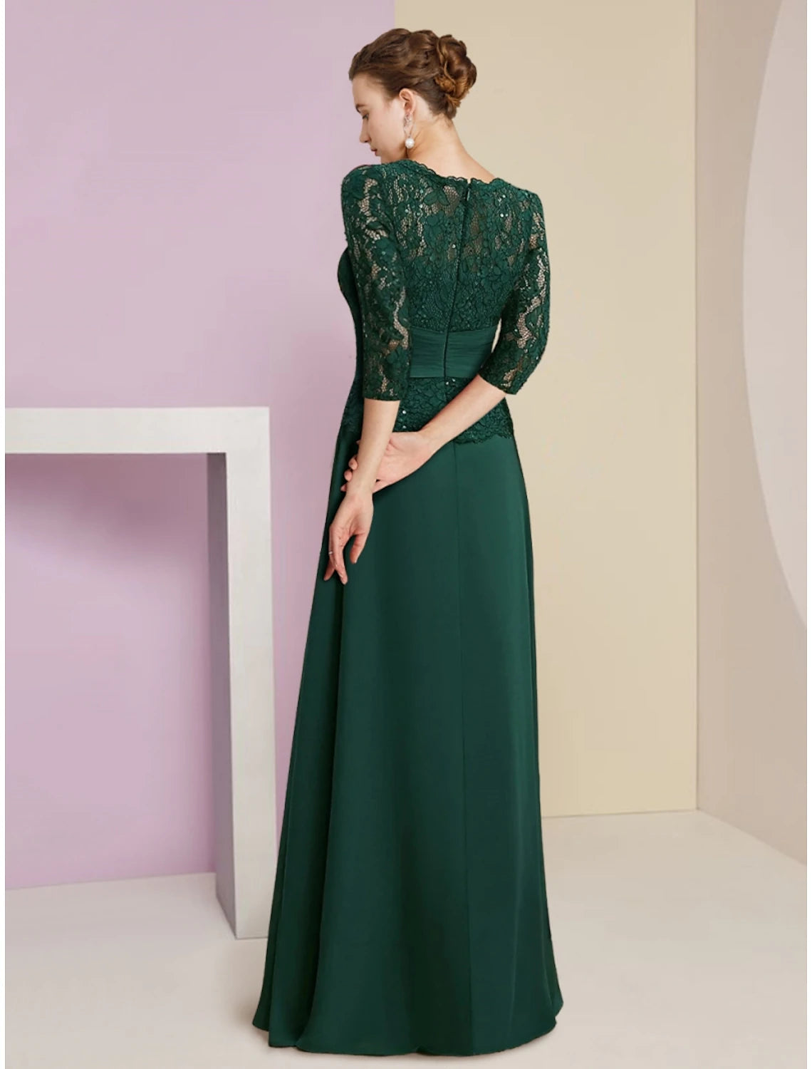 Forest Green Lace A-Line Floor-Length Evening Dress with Scoop Neck and Pleated Waistband