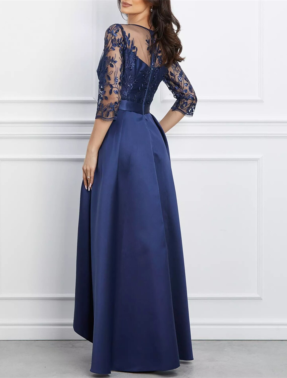 A-Line Evening Gown Elegant Black Dress Plus Size Formal Wedding Asymmetrical High Low 3/4 Length Sleeve Jewel Neck Satin with Bow(s) Sequin Appliques