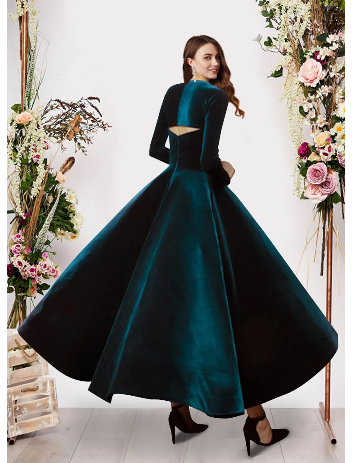 Vestido de noche estilo vintage, vestido de fiesta, vestido formal de noche, largo hasta los tobillos, manga larga, cuello cuadrado, terciopelo con color puro